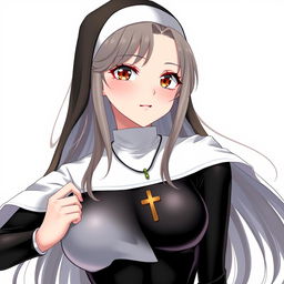 A stunning 30-year-old woman with long brown hair and striking grey hair, showcasing her traditional nun attire, which includes a classic nun habit complemented by a black latex bodysuit that is skin-tight, accentuating her figure