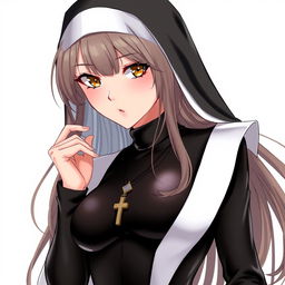 A stunning 30-year-old woman with long brown hair and striking grey hair, showcasing her traditional nun attire, which includes a classic nun habit complemented by a black latex bodysuit that is skin-tight, accentuating her figure