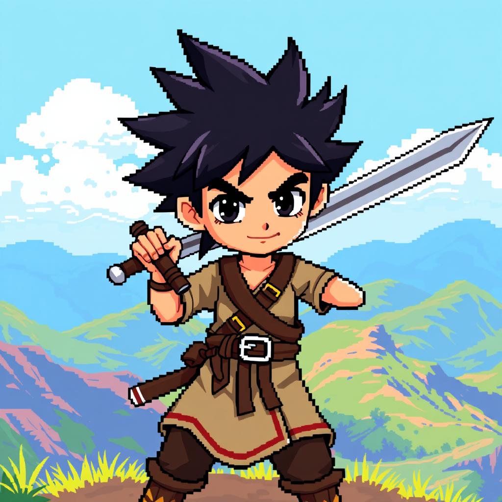 A vibrant pixel art depiction of a boy with spiky black hair, confidently carrying a long sword