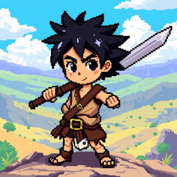 A vibrant pixel art depiction of a boy with spiky black hair, confidently carrying a long sword