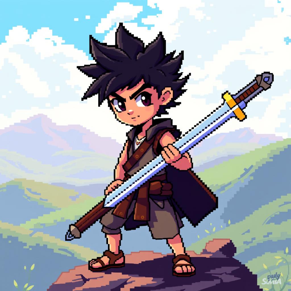 A vibrant pixel art depiction of a boy with spiky black hair, confidently carrying a long sword