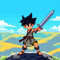 A vibrant pixel art depiction of a boy with spiky black hair, confidently carrying a long sword