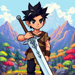 A pixel art style character portrait of a boy with spiky black hair, holding a long sword