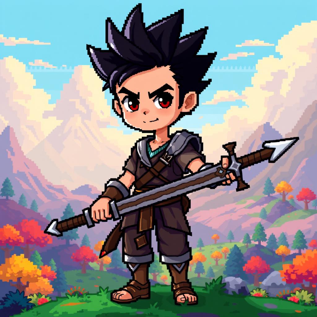 A pixel art style character portrait of a boy with spiky black hair, holding a long sword