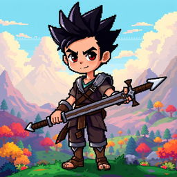 A pixel art style character portrait of a boy with spiky black hair, holding a long sword