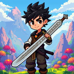 A pixel art style character portrait of a boy with spiky black hair, holding a long sword