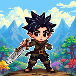 A pixel art style character portrait of a boy with spiky black hair, holding a long sword