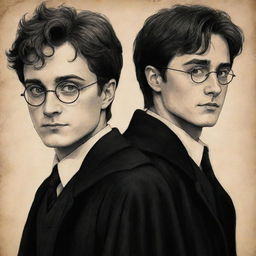 An artistic illustration of James Potter and Regulus Black, two beloved characters from the Harry Potter series. Capturing their distinct personalities and the mystique surrounding them, rendered in a unique and captivating drawing style.