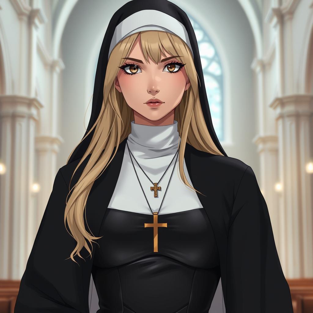 A 33-year-old woman with long blonde hair and striking brown eyes, dressed as a traditional nun