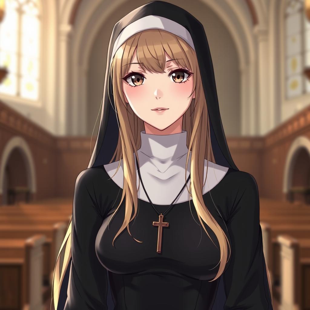 A 33-year-old woman with long blonde hair and striking brown eyes, dressed as a traditional nun