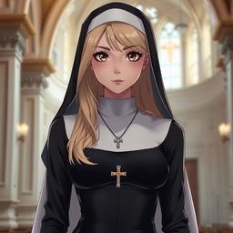 A 33-year-old woman with long blonde hair and striking brown eyes, dressed as a traditional nun