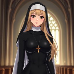 A 33-year-old woman with long blonde hair and striking brown eyes, dressed as a traditional nun