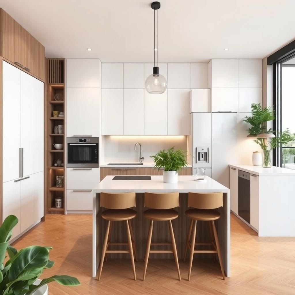 Design a modern and stylish kitchen for a 48 square meter apartment