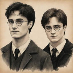 An artistic illustration of James Potter and Regulus Black, two beloved characters from the Harry Potter series. Capturing their distinct personalities and the mystique surrounding them, rendered in a unique and captivating drawing style.