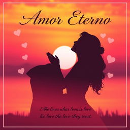 A romantic poster dedicated to love, featuring a beautiful sunset background with vibrant orange and pink hues blending together