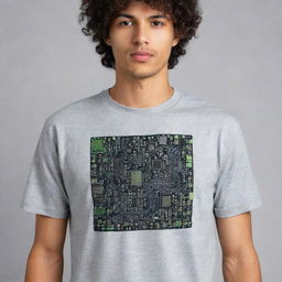 Create a modern Y2K-inspired graphic print on a grey t-shirt that represents electronics engineering. Use a mix of techno fonts, neon colors, and symbols like circuit boards, wires, and electronic chips as part of the design.