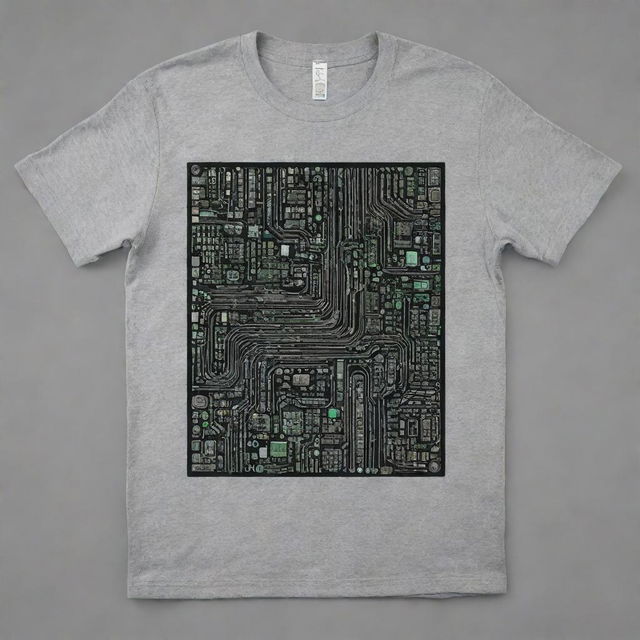 Create a modern Y2K-inspired graphic print on a grey t-shirt that represents electronics engineering. Use a mix of techno fonts, neon colors, and symbols like circuit boards, wires, and electronic chips as part of the design.