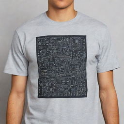 Create a modern Y2K-inspired graphic print on a grey t-shirt that represents electronics engineering. Use a mix of techno fonts, neon colors, and symbols like circuit boards, wires, and electronic chips as part of the design.