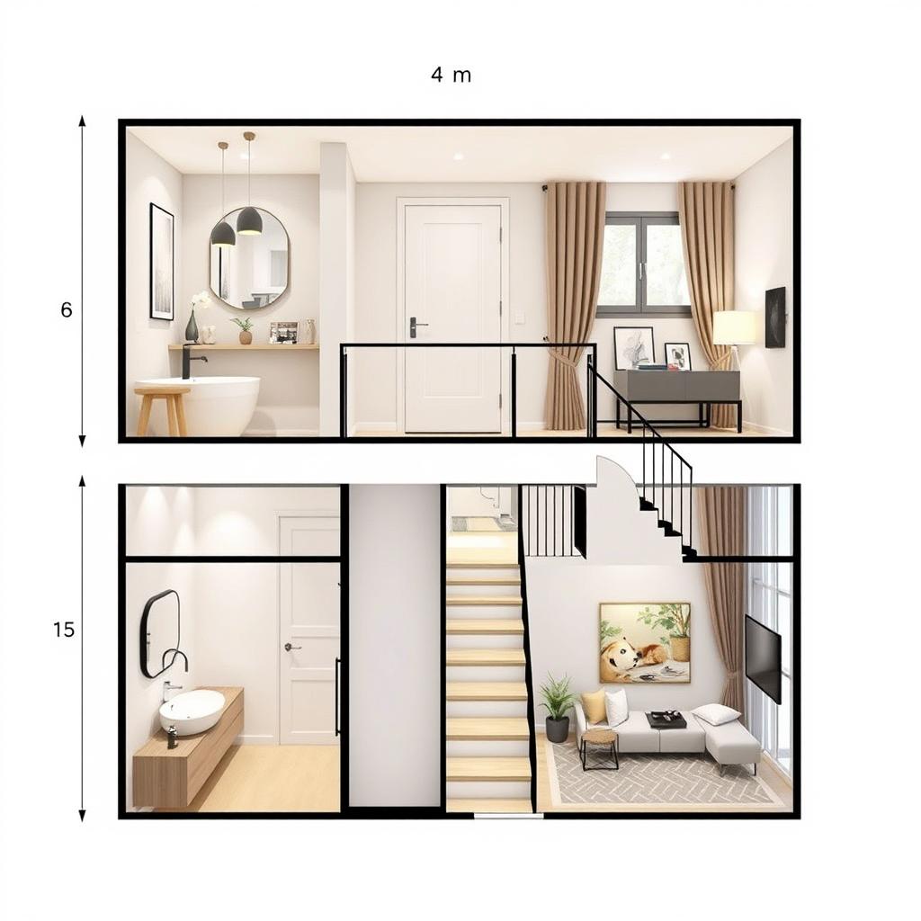 A sophisticated two-story apartment design with dimensions of 4 meters wide and 13 meters long