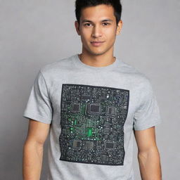 Create a modern Y2K-inspired graphic print on a grey t-shirt that represents electronics engineering. Use a mix of techno fonts, neon colors, and symbols like circuit boards, wires, and electronic chips as part of the design.