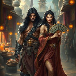 A striking and powerful scene depicting a Conan-like warrior alongside an enchanting courtesan in a fantastical ancient setting