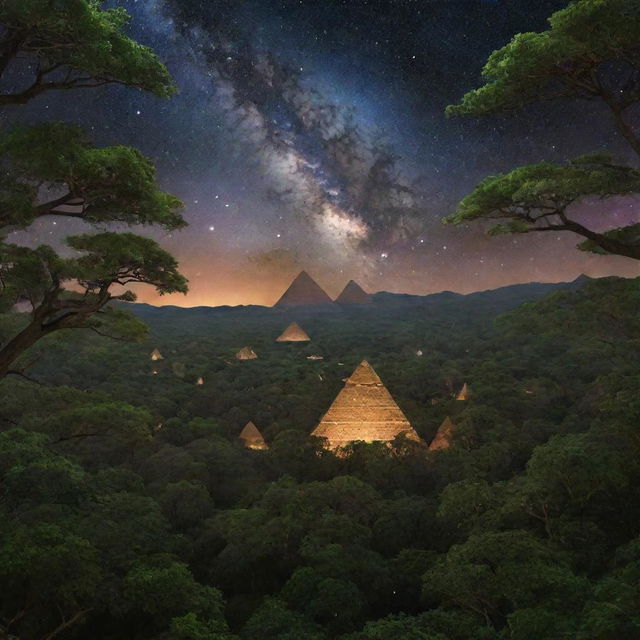 Grand pyramids emerging from a lush grove of alien trees bathed under the glow of distant stars and galaxies, all suspended in the cosmic vastness of space