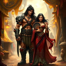 A striking and powerful scene depicting a Conan-like warrior alongside an enchanting courtesan in a fantastical ancient setting