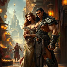 A striking and powerful scene depicting a Conan-like warrior alongside an enchanting courtesan in a fantastical ancient setting