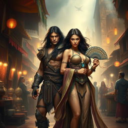 A striking and powerful scene depicting a Conan-like warrior alongside an enchanting courtesan in a fantastical ancient setting