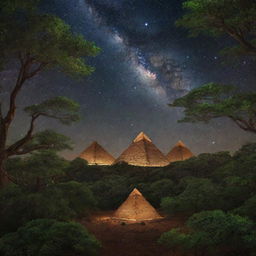 Grand pyramids emerging from a lush grove of alien trees bathed under the glow of distant stars and galaxies, all suspended in the cosmic vastness of space