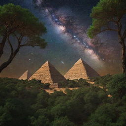 Grand pyramids emerging from a lush grove of alien trees bathed under the glow of distant stars and galaxies, all suspended in the cosmic vastness of space