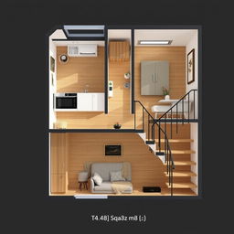 A thoughtfully designed apartment layout totaling 48 square meters, incorporating a modern kitchen, a stylish bathroom, a cozy living room, and a staircase leading to the second floor