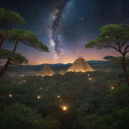 Grand pyramids emerging from a lush grove of alien trees bathed under the glow of distant stars and galaxies, all suspended in the cosmic vastness of space