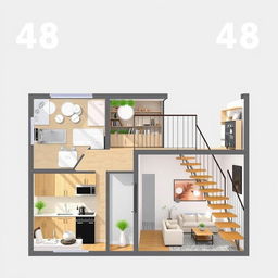 A thoughtfully designed apartment layout totaling 48 square meters, incorporating a modern kitchen, a stylish bathroom, a cozy living room, and a staircase leading to the second floor