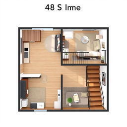 A thoughtfully designed apartment layout totaling 48 square meters, incorporating a modern kitchen, a stylish bathroom, a cozy living room, and a staircase leading to the second floor