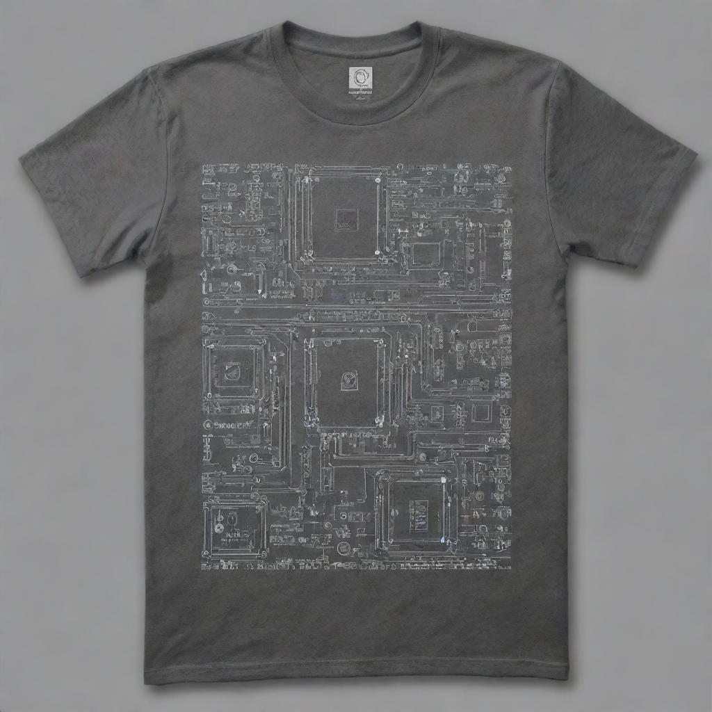 Generate a cool modern graphic design on a grey t-shirt that epitomizes electronics engineering. The design should feature symbols of electronic components, circuitry and digital elements, making it edgy and appealing to tech enthusiasts.