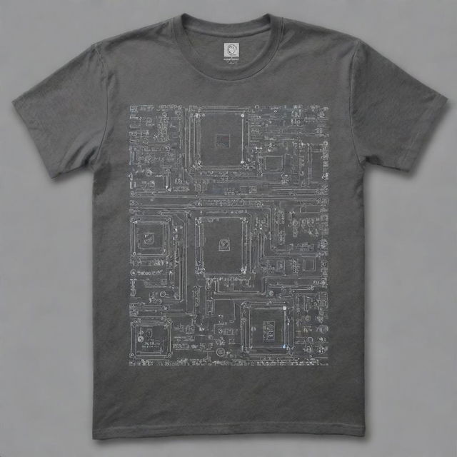 Generate a cool modern graphic design on a grey t-shirt that epitomizes electronics engineering. The design should feature symbols of electronic components, circuitry and digital elements, making it edgy and appealing to tech enthusiasts.