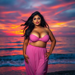 A voluptuous Indian woman with curvy figure, prominently showcasing her full breasts, posing confidently at a seaside during sunset