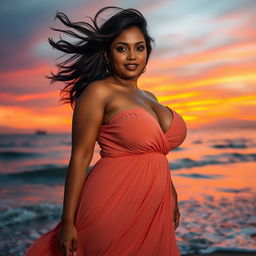 A voluptuous Indian woman with curvy figure, prominently showcasing her full breasts, posing confidently at a seaside during sunset