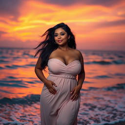 A voluptuous Indian woman with curvy figure, prominently showcasing her full breasts, posing confidently at a seaside during sunset