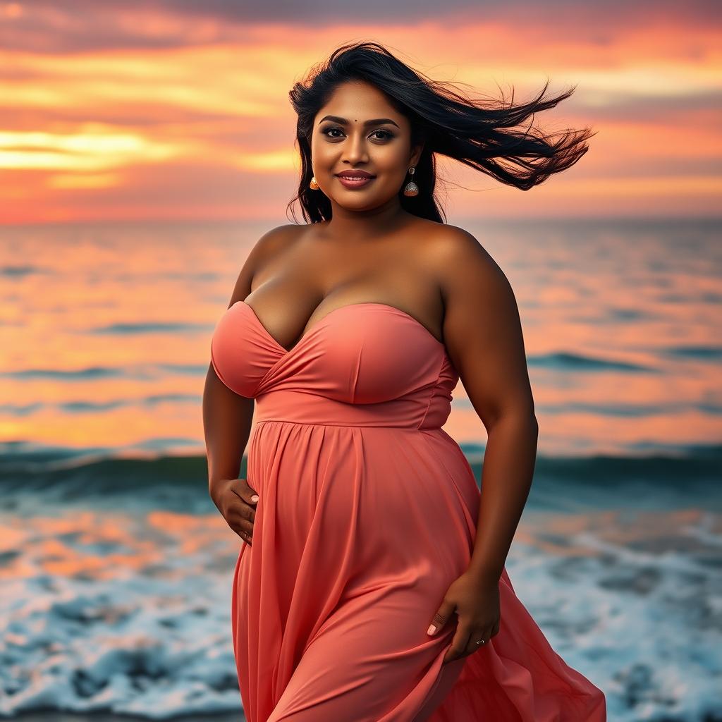 A voluptuous Indian woman with curvy figure, prominently showcasing her full breasts, posing confidently at a seaside during sunset