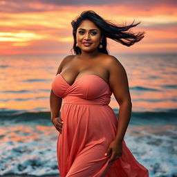 A voluptuous Indian woman with curvy figure, prominently showcasing her full breasts, posing confidently at a seaside during sunset