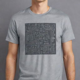 Generate a cool modern graphic design on a grey t-shirt that epitomizes electronics engineering. The design should feature symbols of electronic components, circuitry and digital elements, making it edgy and appealing to tech enthusiasts.