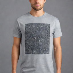 Generate a cool modern graphic design on a grey t-shirt that epitomizes electronics engineering. The design should feature symbols of electronic components, circuitry and digital elements, making it edgy and appealing to tech enthusiasts.