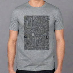 Generate a cool modern graphic design on a grey t-shirt that epitomizes electronics engineering. The design should feature symbols of electronic components, circuitry and digital elements, making it edgy and appealing to tech enthusiasts.