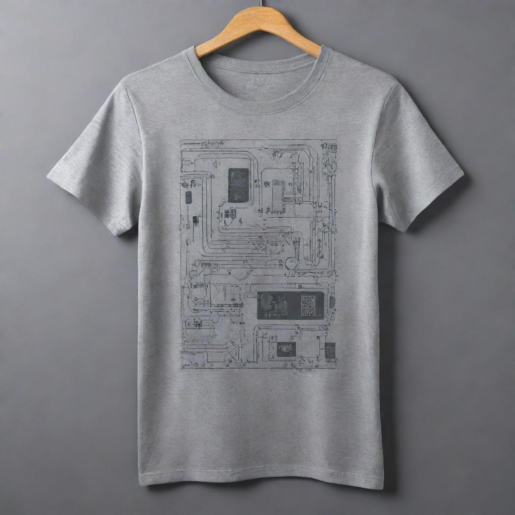 Produce a cool modern design on a grey t-shirt symbolic of electronics engineering. The graphic should embody elements like geometric shapes, circuit diagrams, and technology-themed imagery in a sleek and stylish layout.