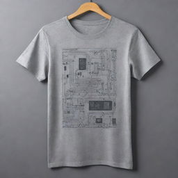 Produce a cool modern design on a grey t-shirt symbolic of electronics engineering. The graphic should embody elements like geometric shapes, circuit diagrams, and technology-themed imagery in a sleek and stylish layout.