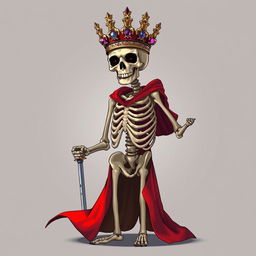 A full view illustration of a skeleton character facing forwards, wearing an ornate crown perched atop its skull