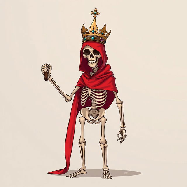 A full view illustration of a skeleton character facing forwards, wearing an ornate crown perched atop its skull