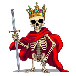 A full view illustration of a skeleton character facing forwards, wearing an ornate crown perched atop its skull